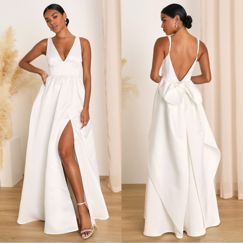 Size L NWT - Lulus Dress Blissfully Beloved Ivory Backless A-Line Bow Maxi Dress